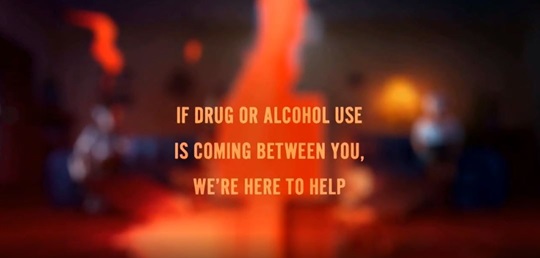 Image of flames, text says "if drug or alcohol use is coming between you, we're here to help