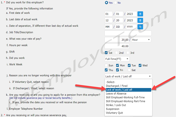 I am laid off for lack of work - Example in ReEmployCt.com
