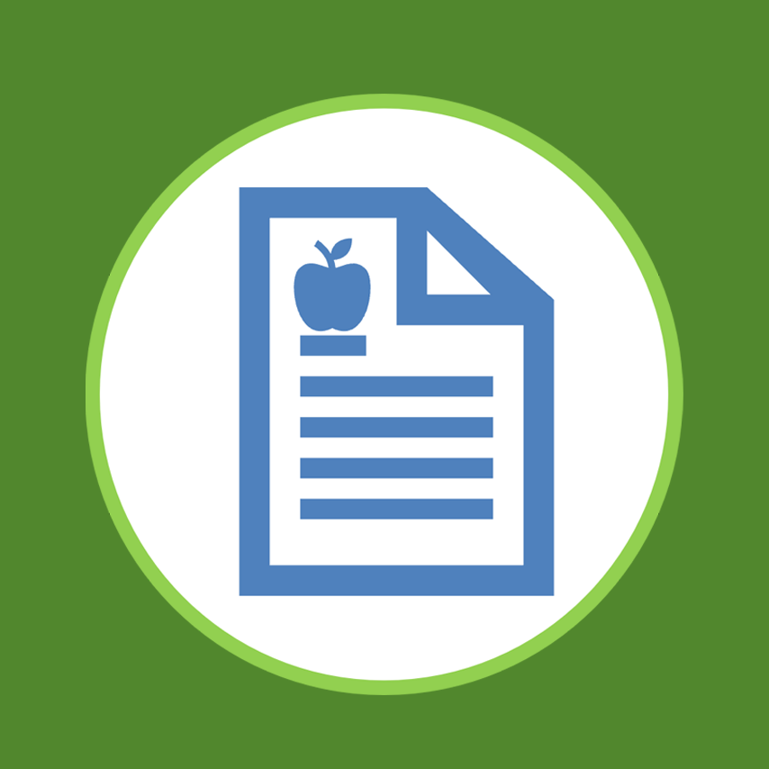 Determining Eligibility Logo: Icon of a piece of paper with an apple in a white circle with a green background