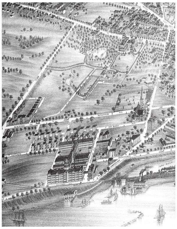 View of Coltsville, 1877, the industrial village along the Connecticut River in Hartford.