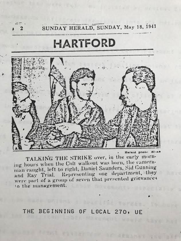 Newspaper photo of three Colt workers on strike from 1941