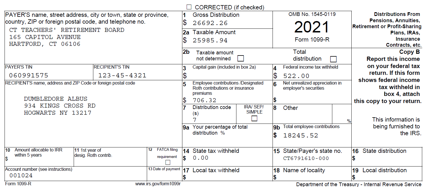 Sample 1099R for 2020 tax year