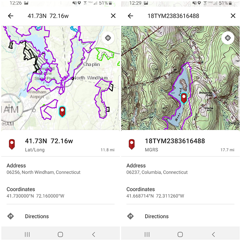 Screenshot of coordinate search in app